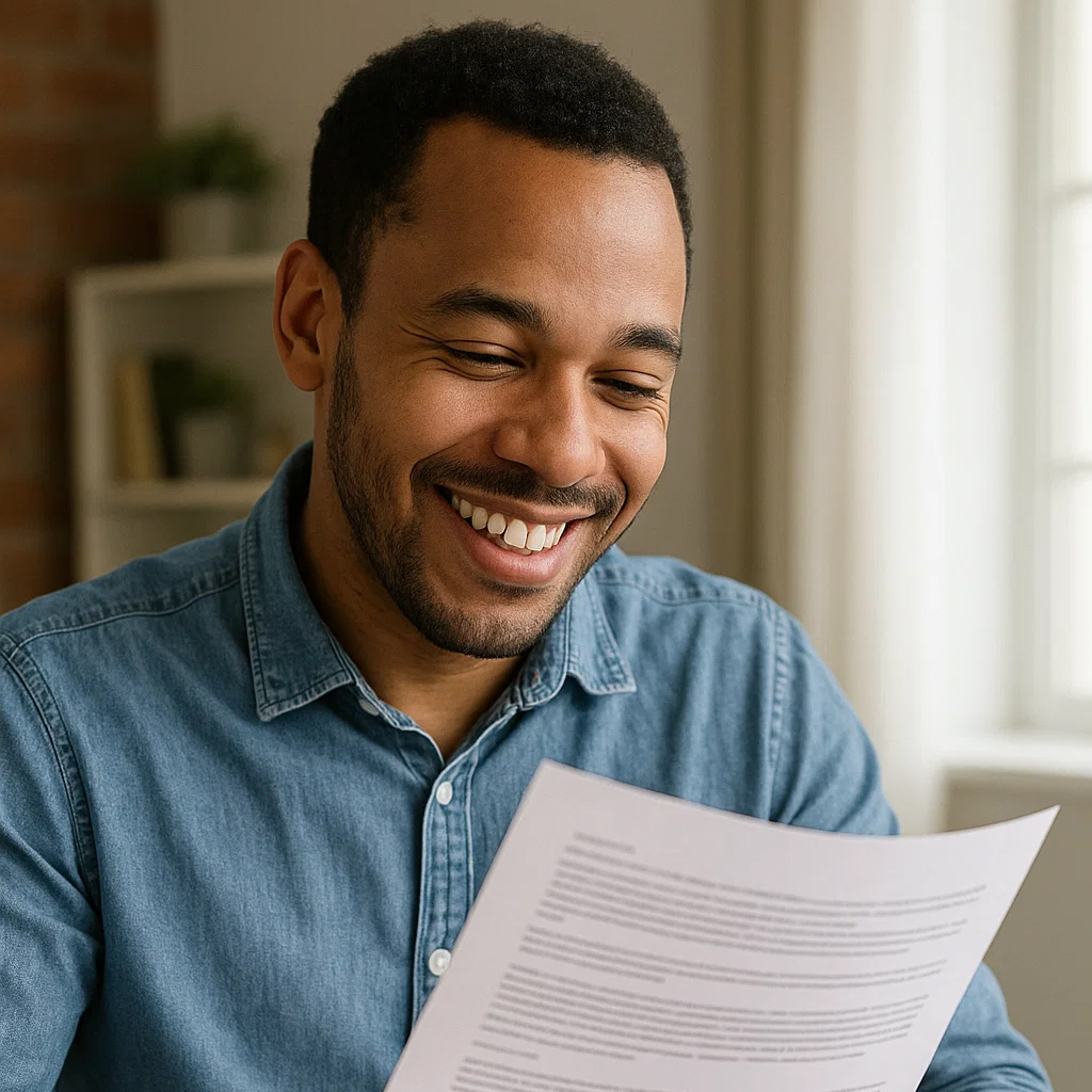 Smiling Illinois Resident reviewing fixed-rate personal loan paperwork with predictable monthly payments from Green Line Financial Services